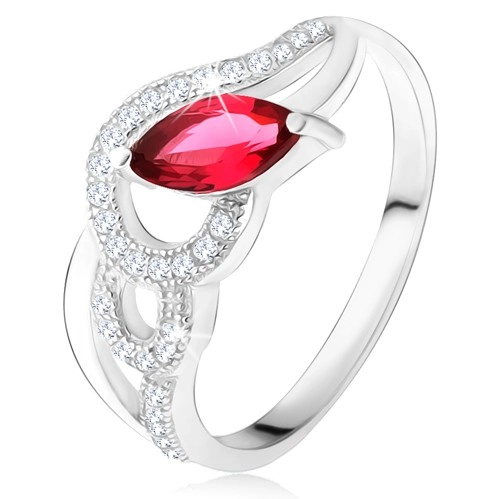 Stříbrný 925 prsten, zirkonové a hladké vlny, červený zrníčkovitý kámen - Velikost: 60