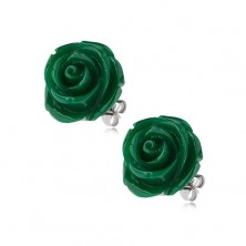 Náušnice z oceli, zelená barva, květ růže, puzetové zapínání, 14 mm
