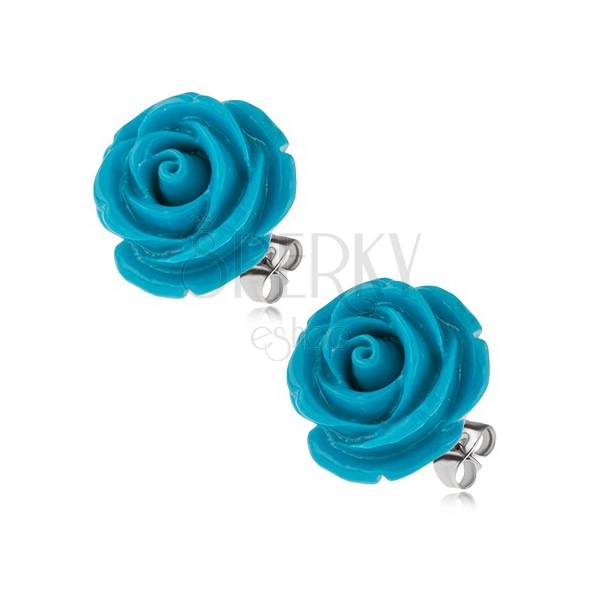 Náušnice z chirurgické oceli, modrý pryskyřicový květ růže, 20 mm