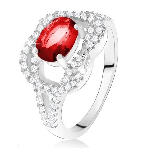 Stříbrný 925 prsten, oválný rubínový kámen, zirkonový uzel - Velikost: 60