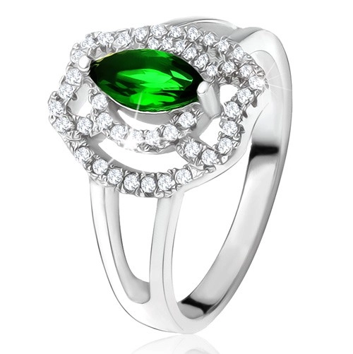 Prsten se zeleným zrníčkovitým kamenem, zirkonové oblouky, stříbro 925 - Velikost: 52