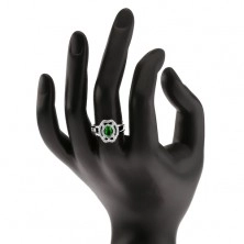 Prsten se zeleným zrníčkovitým kamenem, zirkonové oblouky, stříbro 925
