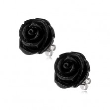 Náušnice z oceli, černá barva, květ růže, puzetové zapínání, 14 mm
