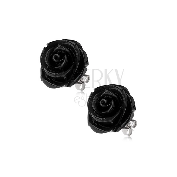 Náušnice z oceli, černá barva, květ růže, puzetové zapínání, 14 mm