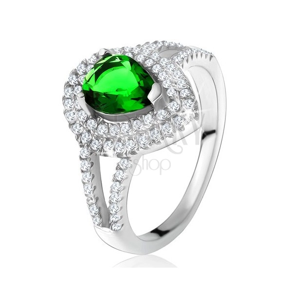 Prsten se zeleným slzičkovitým kamenem, dvojitý čirý lem, stříbro 925
