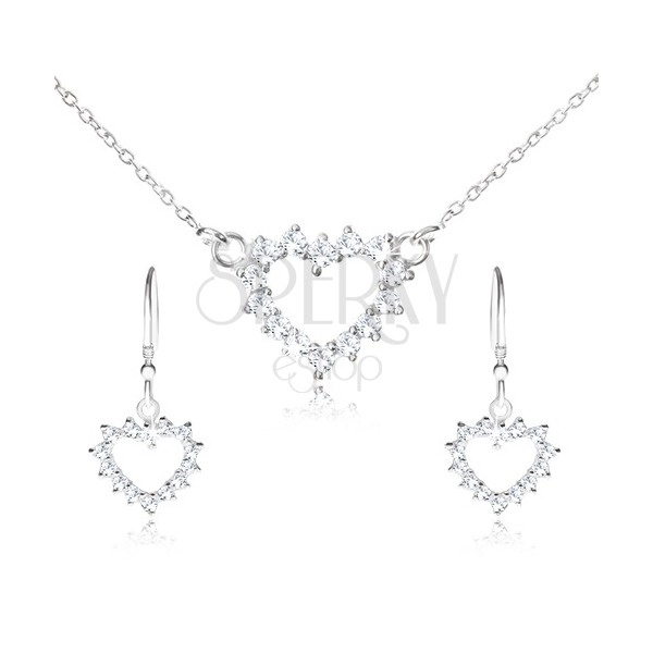 Set ze stříbra 925 - náhrdelník a visací náušnice, zirkonový obrys srdce