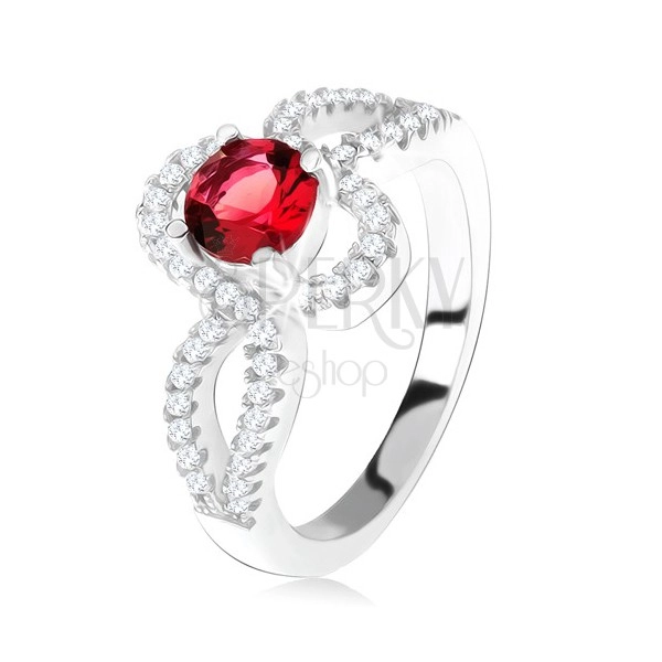 Stříbrný 925 prsten, červený kulatý kámen, zatočená zirkonová ramena