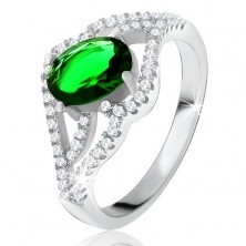 Prsten s oválným zeleným kamenem, zvlněná zirkonová ramena, stříbro 925