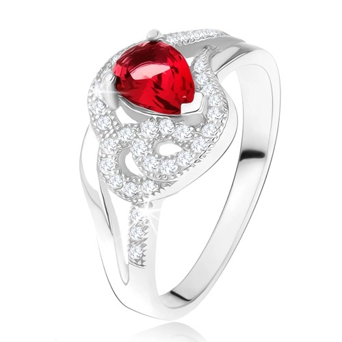 Prsten ze stříbra 925, rubínový slzičkovitý kámen, zvlněné zirkonové linie - Velikost: 50