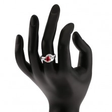 Prsten ze stříbra 925, rubínový slzičkovitý kámen, zvlněné zirkonové linie