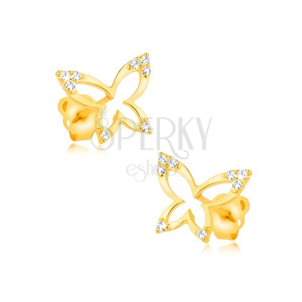 Zlaté náušnice 375 - lesklá kontura motýla, zirkonové cípy křídel