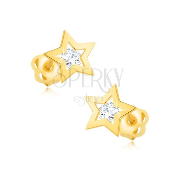 Náušnice ze žlutého 9K zlata - lesklý obrys hvězdičky, čirý zirkon