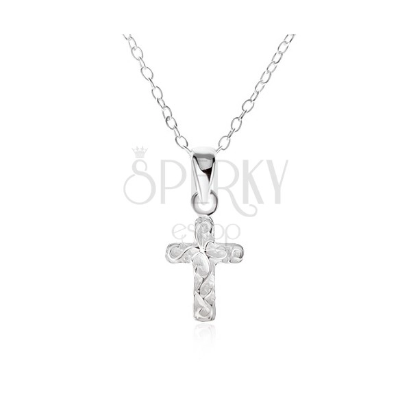 Stříbrný 925 náhrdelník - řetízek, gravírovaný kříž, zvlněné linie