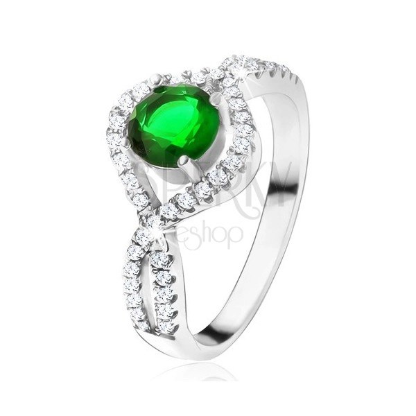 Stříbrný 925 prsten, kulatý zelený kámen, zatočená zirkonová ramena