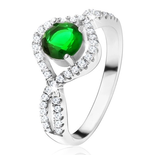 Stříbrný 925 prsten, kulatý zelený kámen, zatočená zirkonová ramena - Velikost: 60