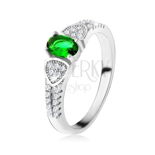 Prsten s oválným zeleným zirkonem, trojúhelníky, čiré kamínky, stříbro 925