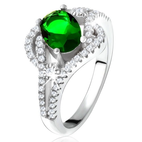 Prsten - stříbro 925, zaoblené linie, čiré kamínky, oválný zelený zirkon - Velikost: 59
