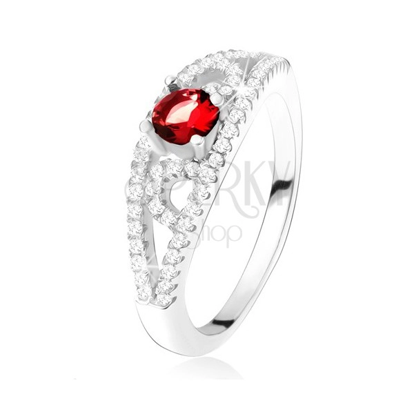 Prsten ze stříbra 925, kulatý červený zirkon, linie s čirými kamínky