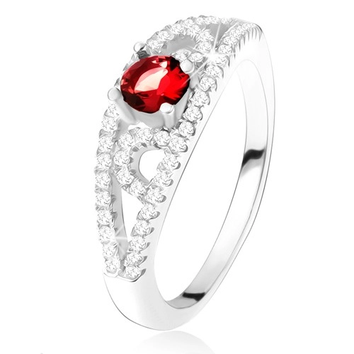 Prsten ze stříbra 925, kulatý červený zirkon, linie s čirými kamínky - Velikost: 53