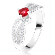 Prsten - tři zvlněné zirkonové linie, kulatý červený kámen, stříbro 925