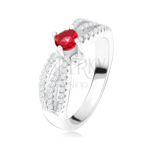 Prsten - tři zvlněné zirkonové linie, kulatý červený kámen, stříbro 925