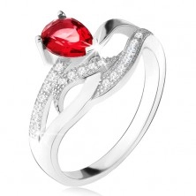 Lesklý prsten ze stříbra 925, červený kámen ve tvaru slzy, zvlněné zirkonové linie