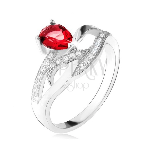 Lesklý prsten ze stříbra 925, červený kámen ve tvaru slzy, zvlněné zirkonové linie