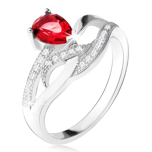 Lesklý prsten ze stříbra 925, červený kámen ve tvaru slzy, zvlněné zirkonové linie - Velikost: 52