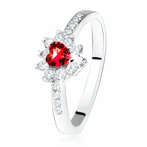 Prsten s červeným zirkonovým srdíčkem, drobné čiré zirkony, stříbro 925 - Velikost: 61