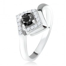 Stříbrný 925 prsten, kulatý černý kamínek v zirkonovém kosočtverci