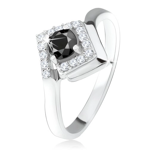 Stříbrný 925 prsten, kulatý černý kamínek v zirkonovém kosočtverci - Velikost: 59
