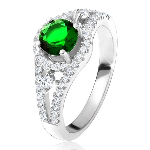 Prsten - stříbro 925, kulatý zelený zirkon, zaoblené linie, čiré kamínky - Velikost: 50