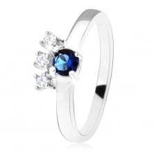 Prsten - stříbro 925, tmavě modrý kulatý zirkon, tři čiré kamínky