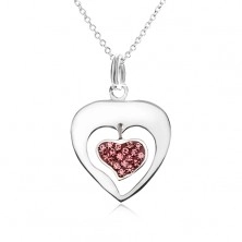 Náhrdelník - řetízek, obrys srdce, srdce, růžové zirkonky, stříbro 925