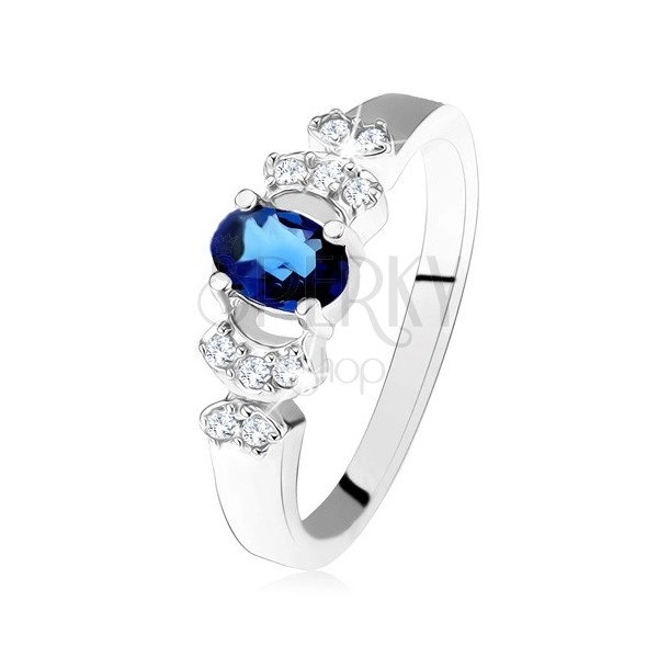 Lesklý prsten - stříbro 925, tmavě modrý oválný zirkon, čiré kamínky