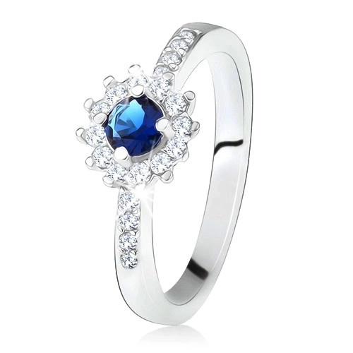 Prsten ze stříbra 925, kulatý tmavě modrý kamínek a čiré zirkony - Velikost: 57