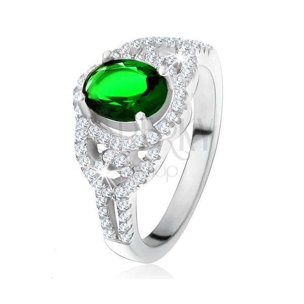 Prsten - oválný zelený zirkon, lem, zaoblené linie, čiré kamínky, stříbro 925