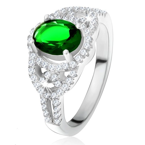 Prsten - oválný zelený zirkon, lem, zaoblené linie, čiré kamínky, stříbro 925 - Velikost: 60