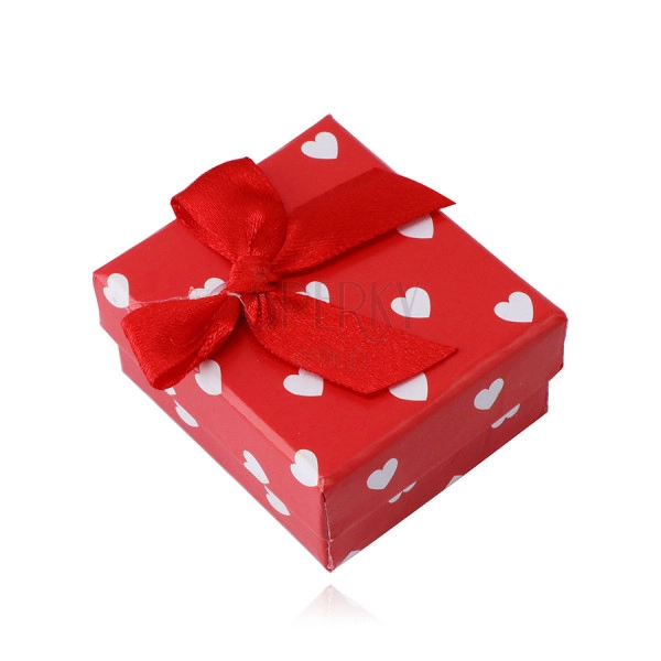 Červená dárková krabička na náušnice - bílá srdíčka, červená mašlička