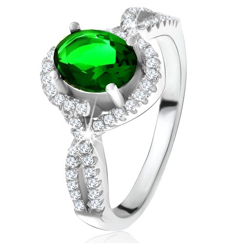 Prsten - stříbro 925, zaoblené linie, čiré zirkonky, oválný zelený kámen - Velikost: 60