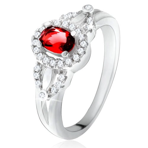 Prsten s červeným oválným kamenem, drobné čiré zirkonky, stříbro 925 - Velikost: 49