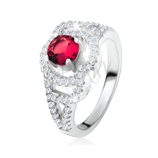 Lesklý prsten ze stříbra 925, tmavě růžový kulatý kámen, zirkonové oblouky
