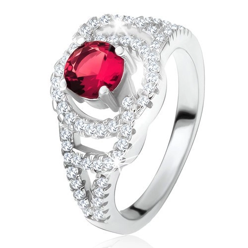 Lesklý prsten ze stříbra 925, tmavě růžový kulatý kámen, zirkonové oblouky - Velikost: 60