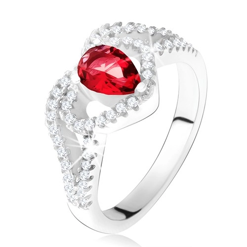 Prsten s rubínovým zirkonem a čirou konturou srdce, stříbro 925 - Velikost: 58