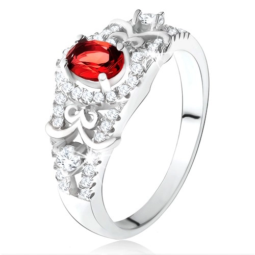 Stříbrný 925 prsten, oválný červený zirkon s čirým lemem, ozdobné linie - Velikost: 60