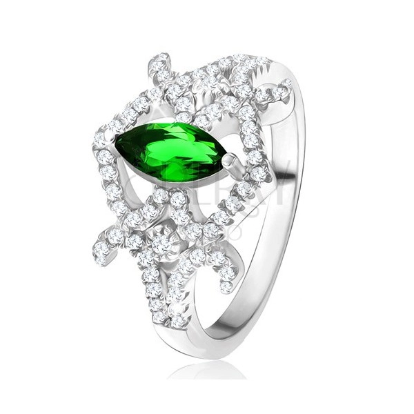 Prsten - zrníčkovitý zelený zirkon, zaoblené linie, čiré kamínky, stříbro 925