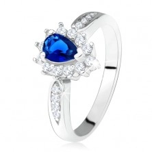 Lesklý prsten - stříbro 925, tmavě modrý zirkon - slza, čiré kamínky