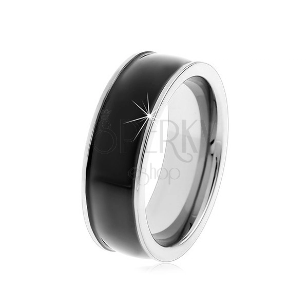 Černý wolframový hladký prsten, jemně vypouklý, lesklý povrch, stříbrné okraje