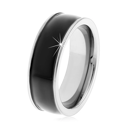 Černý wolframový hladký prsten, jemně vypouklý, lesklý povrch, stříbrné okraje - Velikost: 64