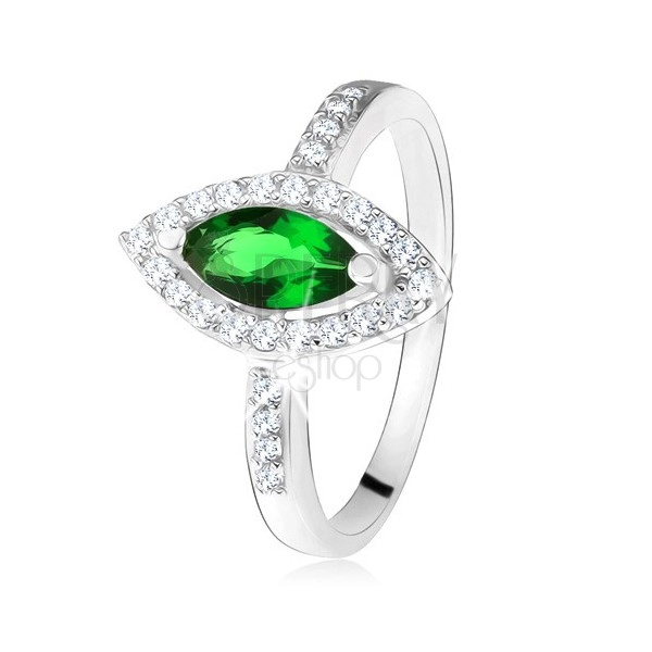 Lesklý prsten - stříbro 925, zrnkovitý zelený kámen s lemem, čiré zirkonky